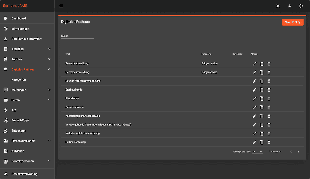 Screenshot der Rathaus-Webseite (Dark Mode)