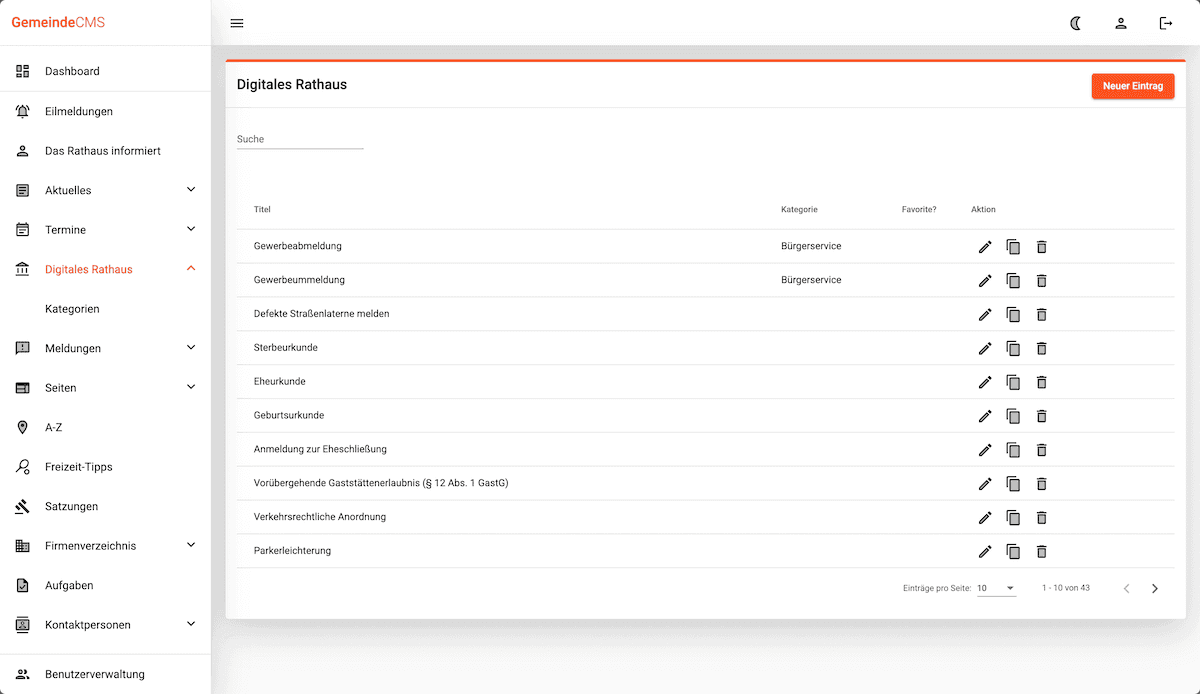 Screenshot der Rathaus-Webseite